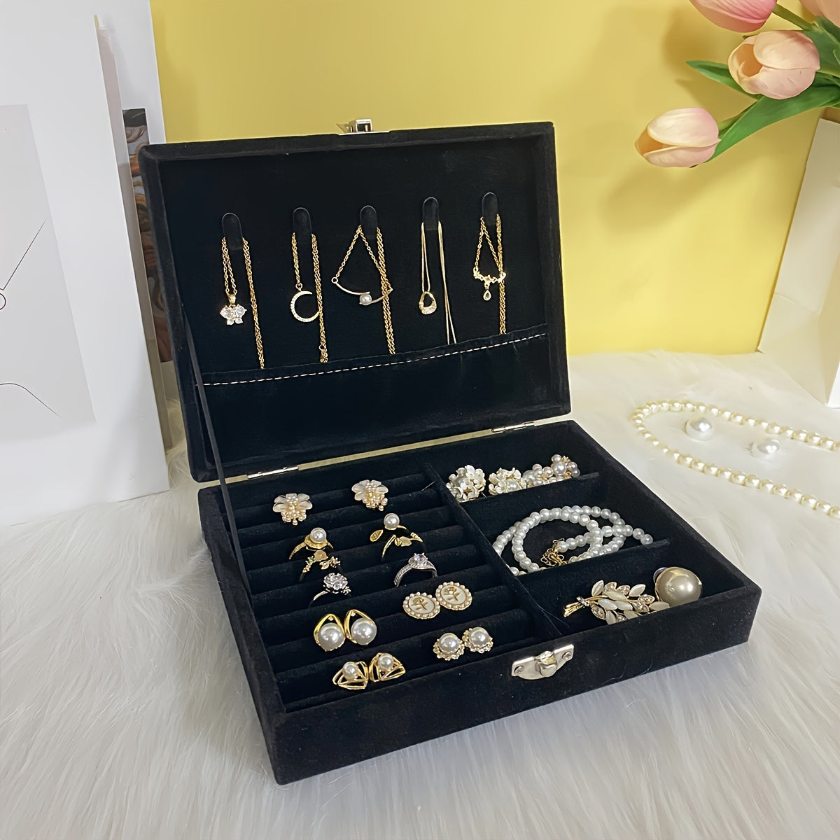 Velvet jewelry organizer box with flip cover for rings, necklaces, and accessories. Ideal gift for women and jewelry making. Great for display and packaging supplies. Perfect for beading