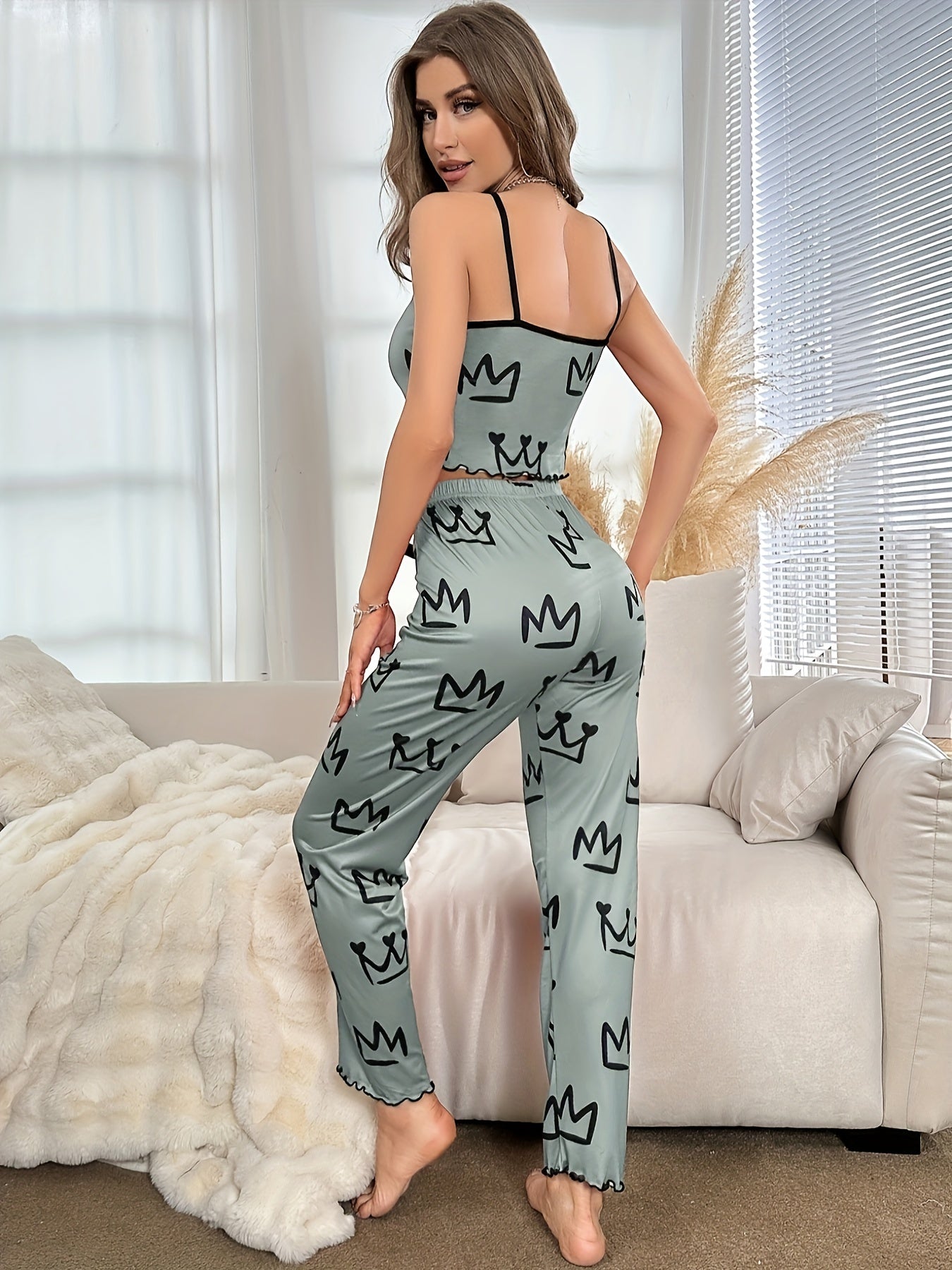 Women's Crown Pattern Pajama Set with Scoop Neck Cami Top and Bow Decor Elastic Waistband Pants for Sleepwear and Loungewear.