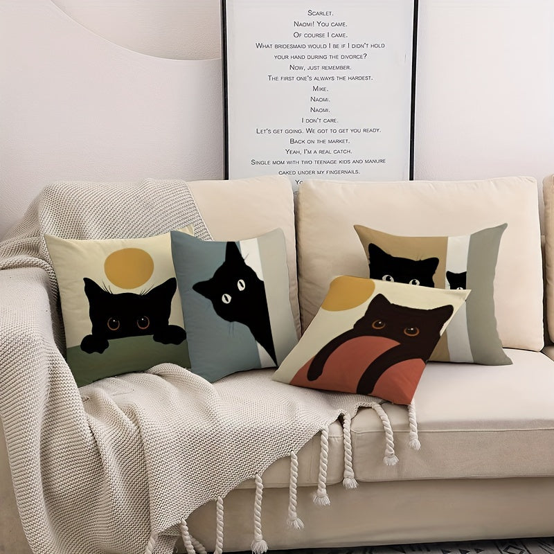 Contemporary Black Cat Design Double-Sided Throw Pillow Cover, 44.96x44.96cm, Abstract Modern Farmhouse Decorative Cushion Case with Zipper Closure for Couch, Patio, Living Room. Machine Washable - Made of 100% Polyester, Insert Not Included.