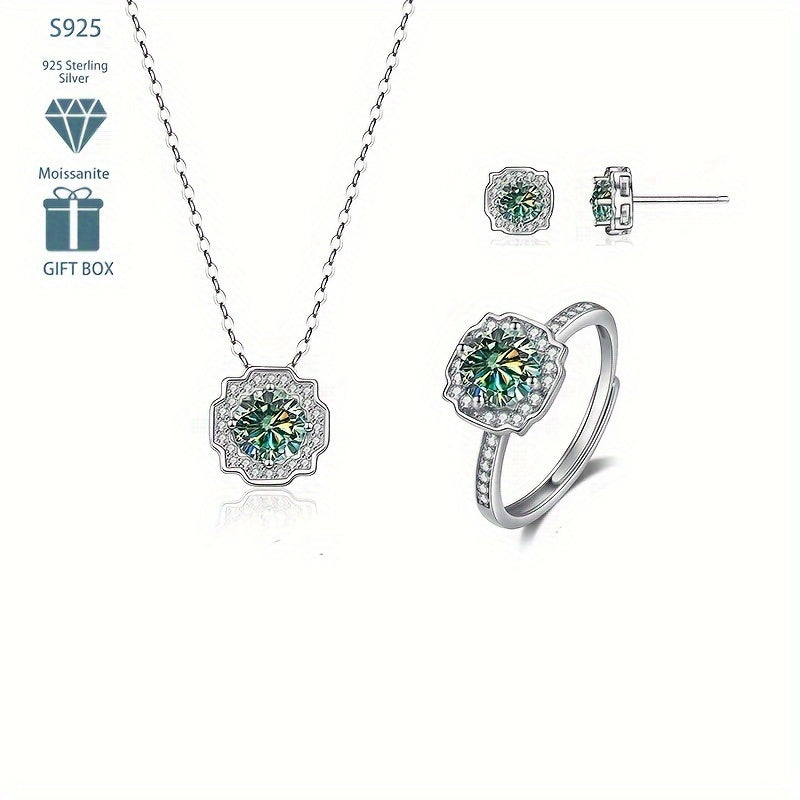 Choose your preferred color and receive a set of high-quality jewelry pieces - one pair of ear studs, one necklace, and one ring all inlaid with sparkling Moissanite stones. Made from 925 sterling silver, these accessories are perfect for engagements or