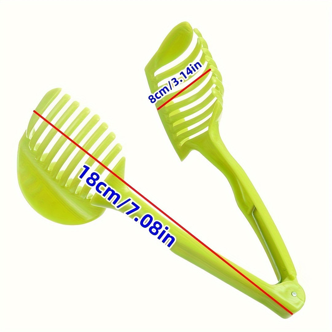 Multipurpose kitchen slicer for tomatoes, lemons, and more. Made of durable plastic for home and restaurant use. Includes round fruit tongs, egg slicer, and other kitchen tools.