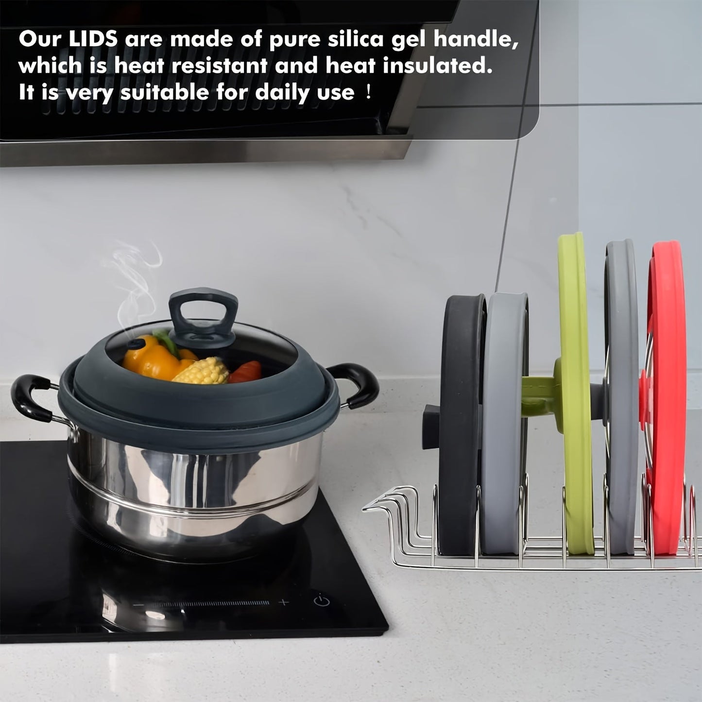 Space-saving kitchen accessory with a ventilated tempered glass lid that fits plates and bowls. Includes anti-scald handle and collapsible design.