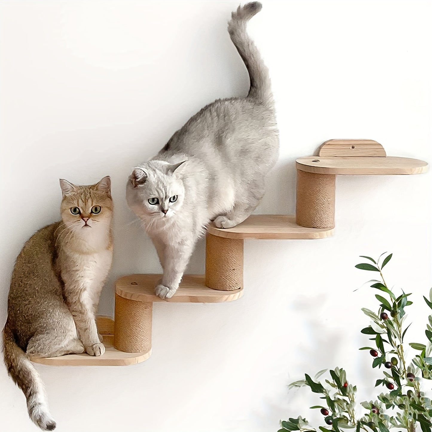 Rustic solid wood cat climbing shelves with sisal-covered posts for indoor cats.