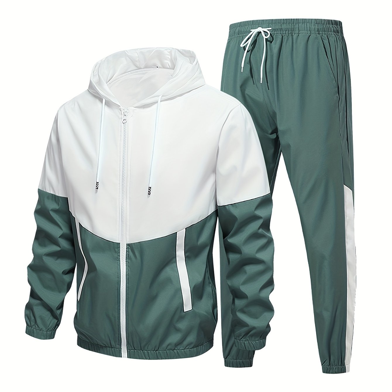 Men's tracksuit set with hooded jacket and long pants made of 100% polyester. Features solid color woven fabric, non-stretch regular fit, suitable for all seasons.