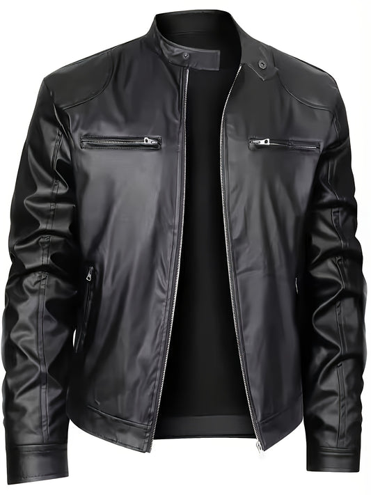 Vintage-style men's stand collar jacket with zipper closure, made of 100% polyester solid color non-stretch woven fabric. Features pockets and a regular fit design for motorcycle outerwear.