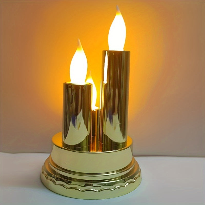 3 flameless gold electronic candles for Halloween, Christmas, parties, camping, weddings, and home decor.