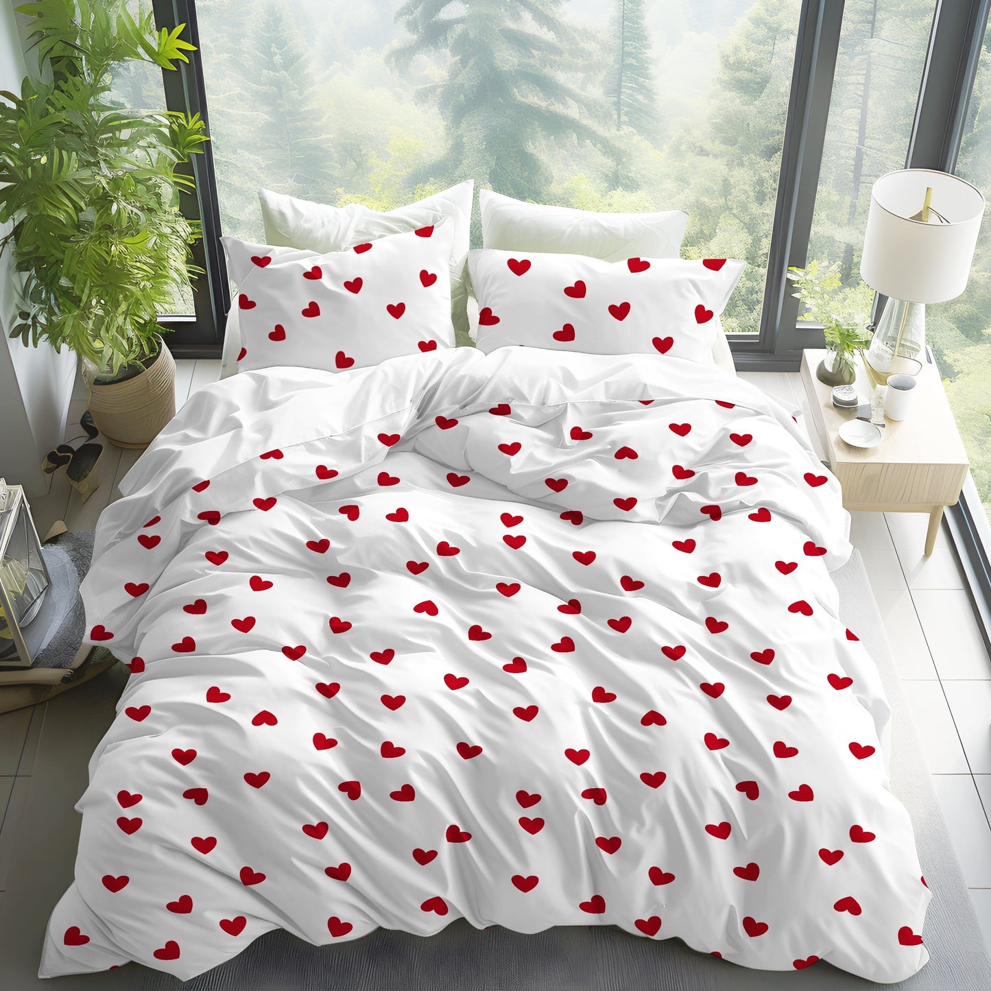 Get ready for the season of love with our Heart Print Valentine's Day Bedding Set. This set includes 1 Duvet Cover and 2 Pillowcases, all brushed for a soft and comfortable feel. Perfect for any bedroom or guest room, this skin-friendly set is suitable