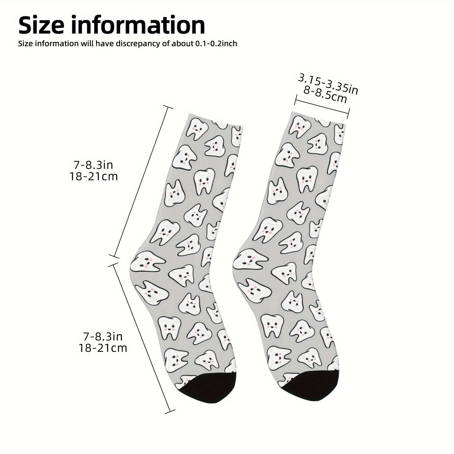 Novelty crew socks with 3D teeth print for all seasons- breathable and comfortable fit.