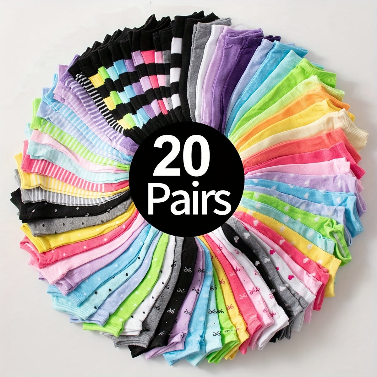 20 pairs of heart print ankle socks in Valentine's Day candy colors for women.