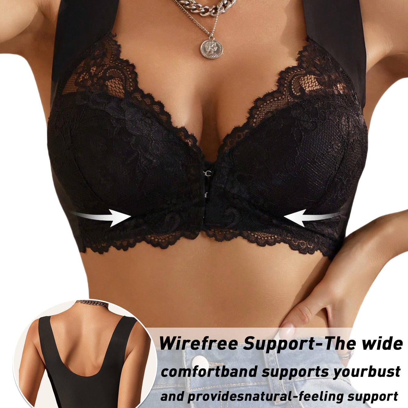 Sexy lace bra with deep V open-back, front closure for comfort and daily wear.