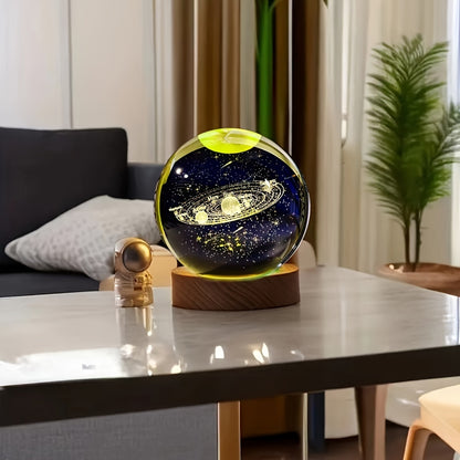 3D Solar System Crystal Ball with LED Base - USB Powered Night Light, Great Gift for Loved Ones - Ideal for Parties & Home Decor