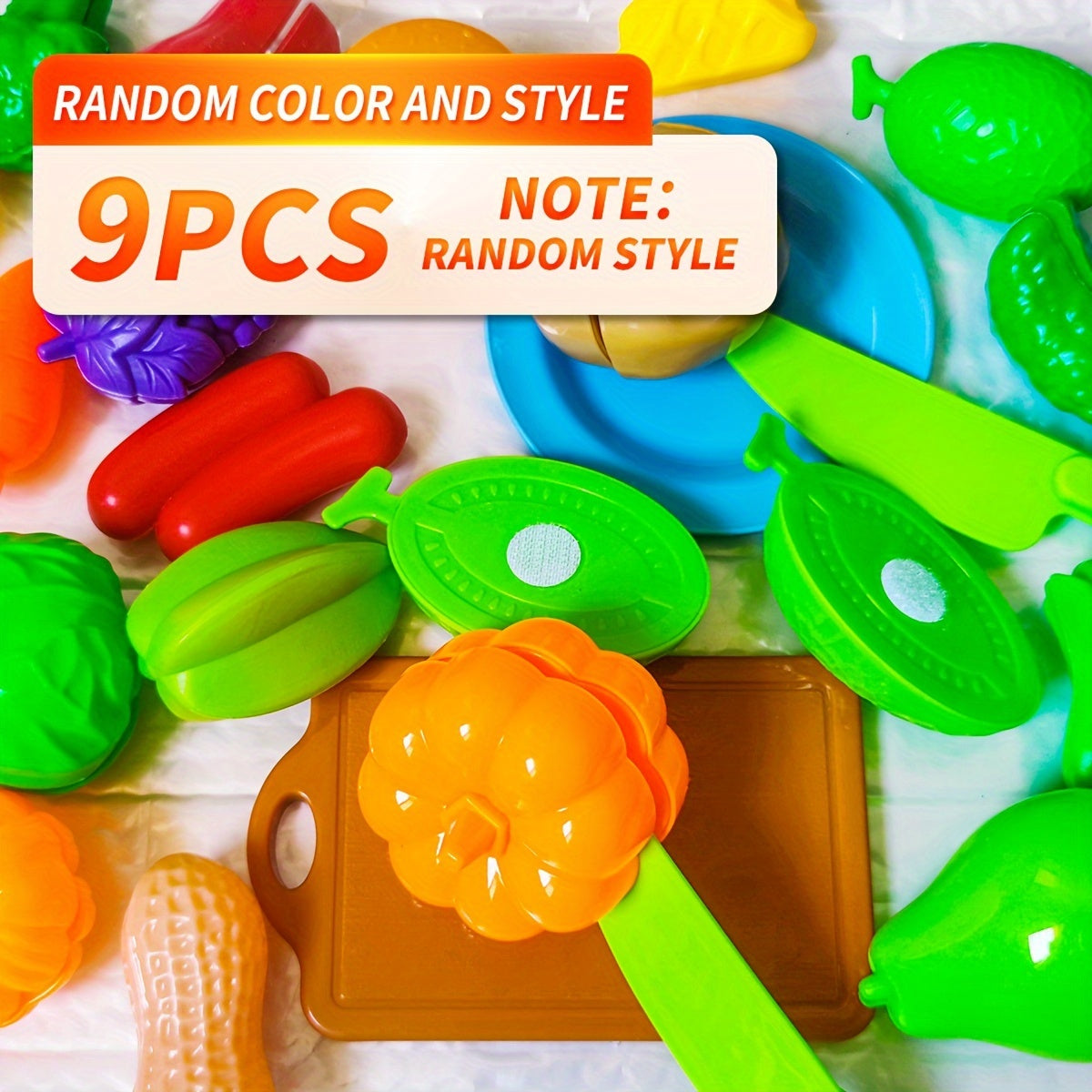 Reusable kitchen toys set includes 9 or 24 pieces of fruit and vegetable cutting toys made of plastic.