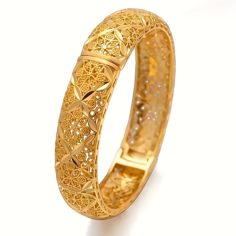 Stunning 18K Gold Plated Open Cuff Bracelet for Women - Crafted with Copper, Intricate Filigree Design, Adjustable Fit, Perfect for Weddings and Special Events