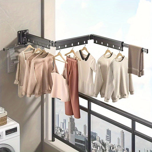 Folding Drying Rack made of Aluminum Alloy with Hooks, Wall Mount Clothes Hanger for Balcony, Laundry Room, Bathroom - Space-Saving Design, Retractable Clothesline with Metal Material