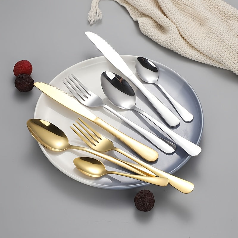 24-piece Golden Stainless Steel Cutlery Set with Metal Stand - Includes Steak Knives, Forks, Spoons - Ideal for Home, Restaurant, Party, Wedding.