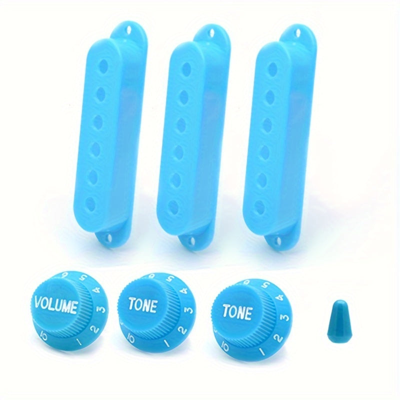 Set of 3 uncharged plastic electric guitar pickup covers with volume & tone knobs and switch cap. Fits 48/50/52mm single coil pickups.