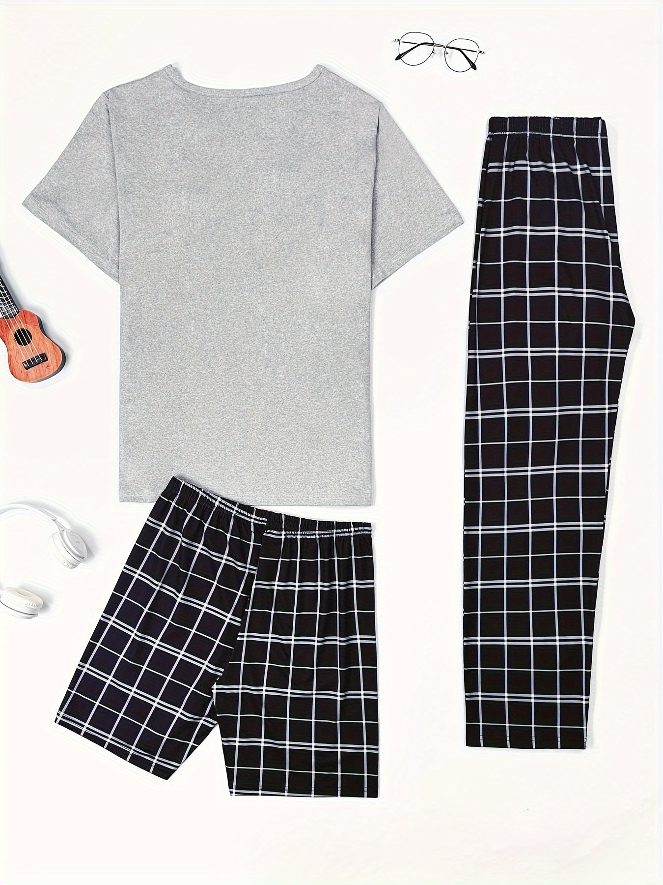 Men's plaid sleepwear set with crew neck t-shirt, long pants, and shorts in comfortable polyester fabric with slight stretch. All season loungewear.