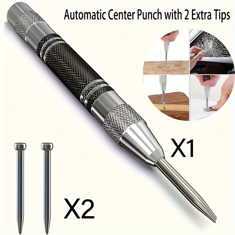 Heavy duty automatic center punch with 2 extra bits, adjustable tension, and rustproof polished steel construction. Suitable for metal, wood, glass, and ferrous materials.