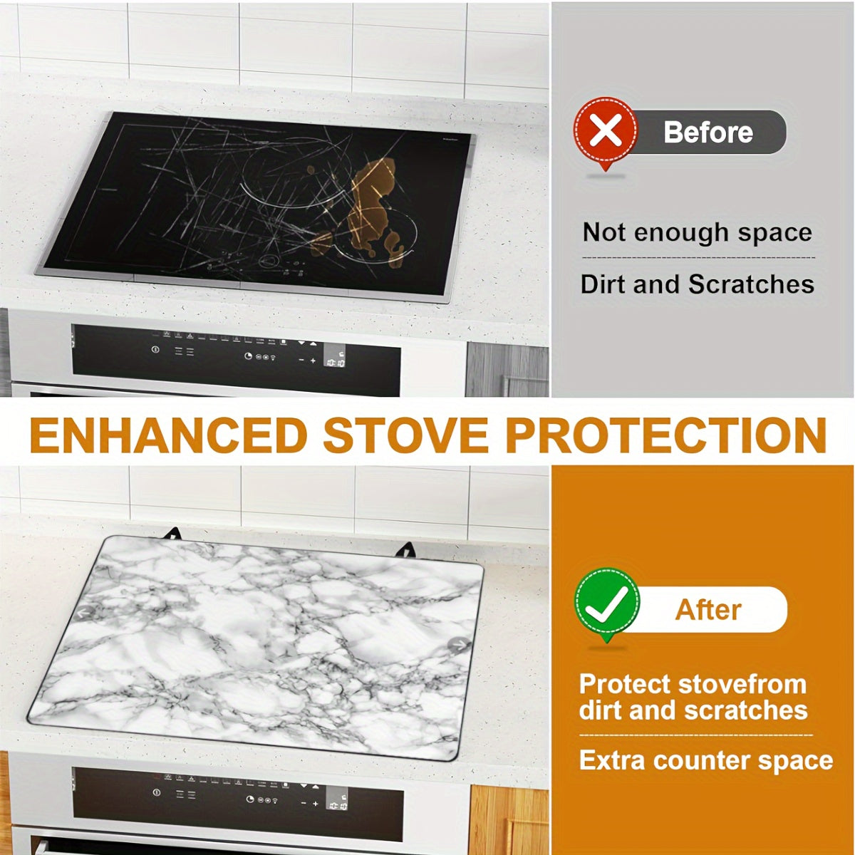 This multipurpose kitchen accessory is a 1 piece marble non-slip stove top cover that is heat resistant and designed to protect induction cookers. It is foldable and can also be used as an electric range mat to prevent scratches. In addition, it is