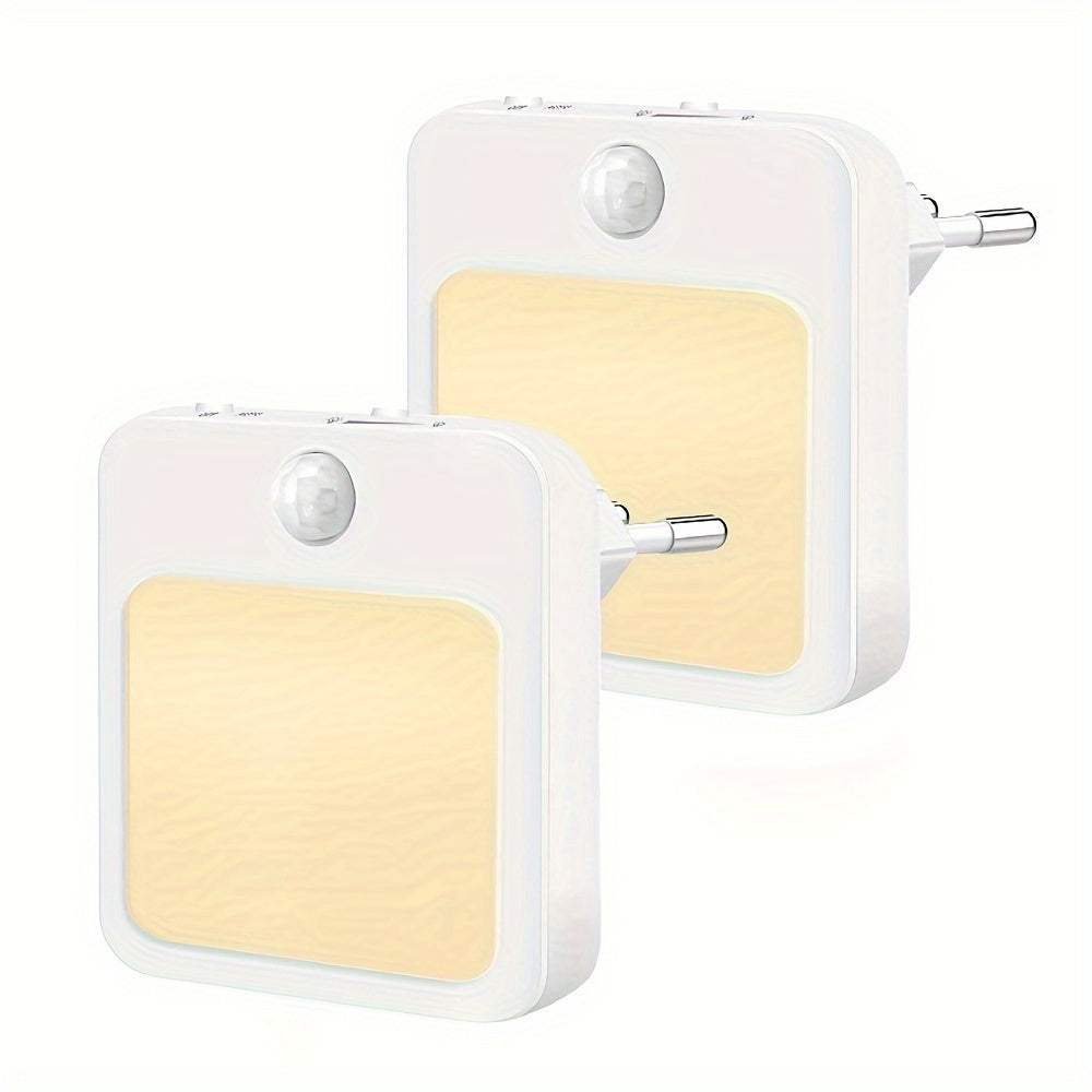 Plug-in LED motion sensor night light with dimmable feature and auto dusk to dawn sensor for various rooms.