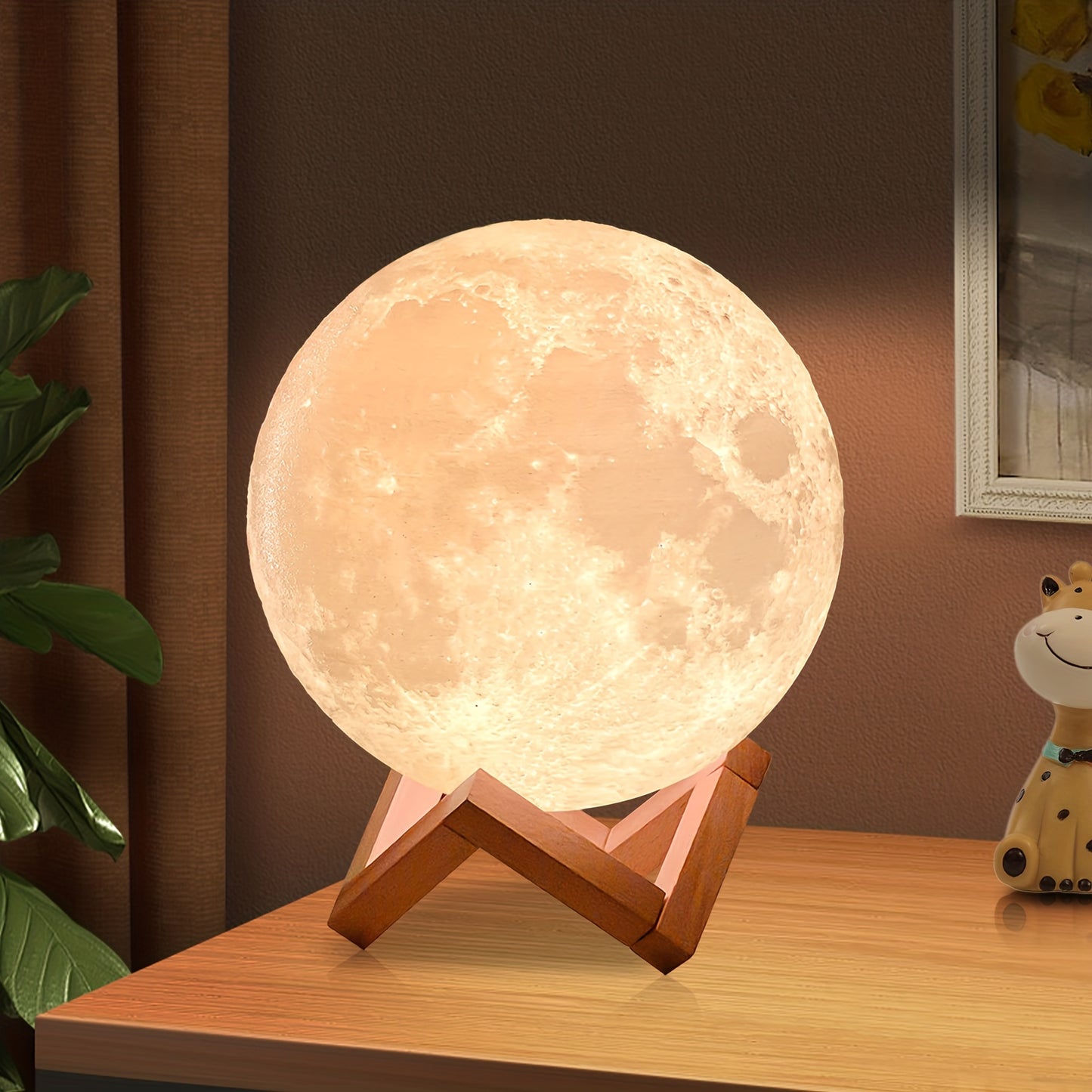 Moon night light for girls with wooden base, 2 control methods (remote and touch), rechargeable with 128 colors, 12cm diameter. Perfect gift for holidays and special occasions.