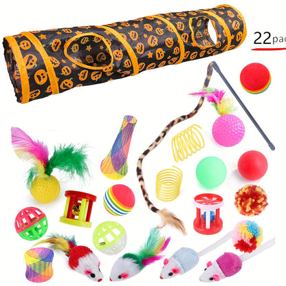 22-piece cat toy set with tunnel, crinkle balls, feathers, and playballs for interactive play, perfect for indoor cats.