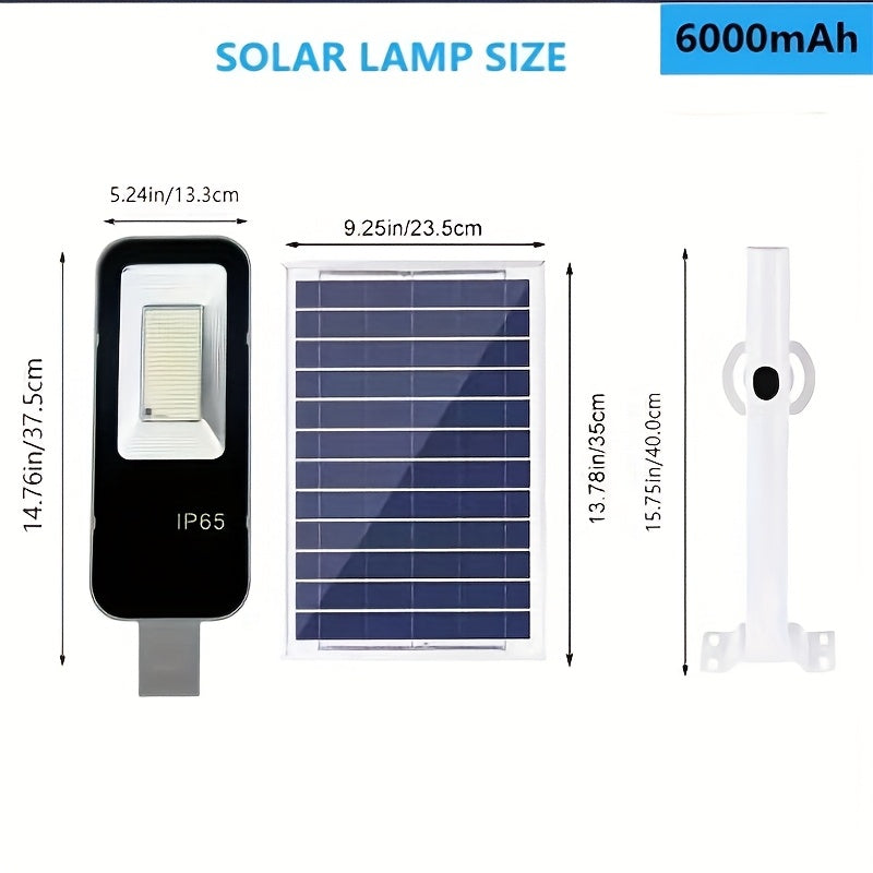 Solar street light and wall light with remote control, 6000mAh battery, smart light sensor, automatic switching, 252 high brightness LEDs. Ideal for outdoor spaces.