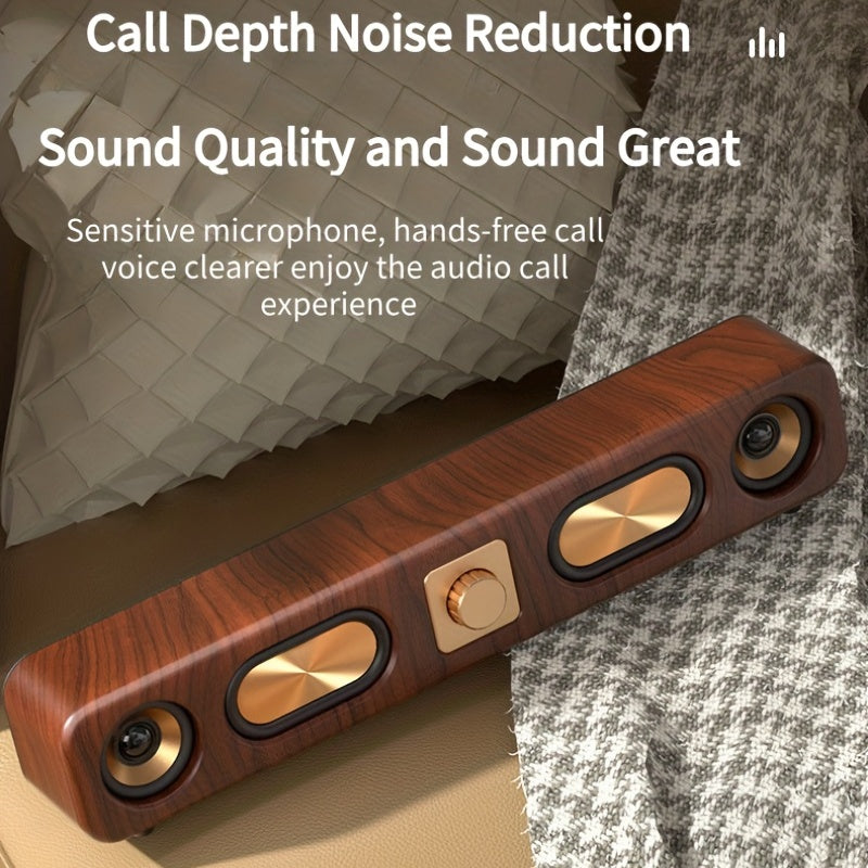 Portable wireless speaker with dual speakers, enhanced bass, rechargeable battery, wood grain design - perfect for parties and gifts.