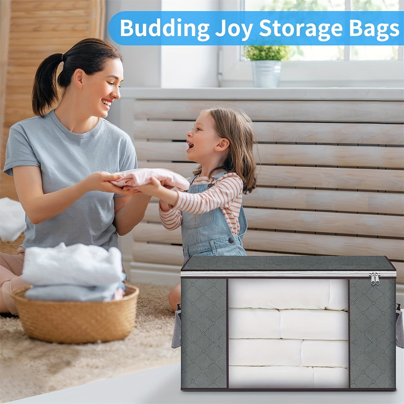 Storage bag set includes 3 of 6 pieces. Each bag is foldable and features a reinforced handle for easy transport. Clear transparent windows allow for easy identification of contents. Perfect for organizing and storing towels, quilts, blankets, bedding