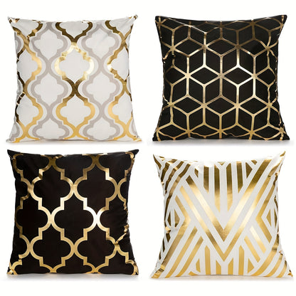 4 golden foil geometric throw pillow covers for decorating your home, room, bedroom, living room, car, or sofa.