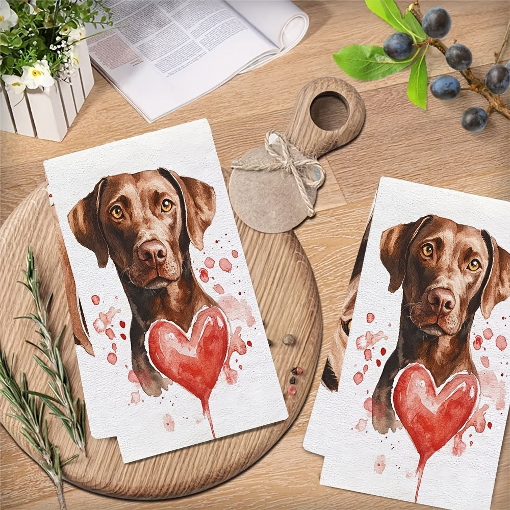 This set includes two ultra-soft kitchen towels with charming dog art perfect for Valentine's Day. They are highly absorbent and great for holiday decoration. These machine washable towels measure 40.64X60.96 cm.