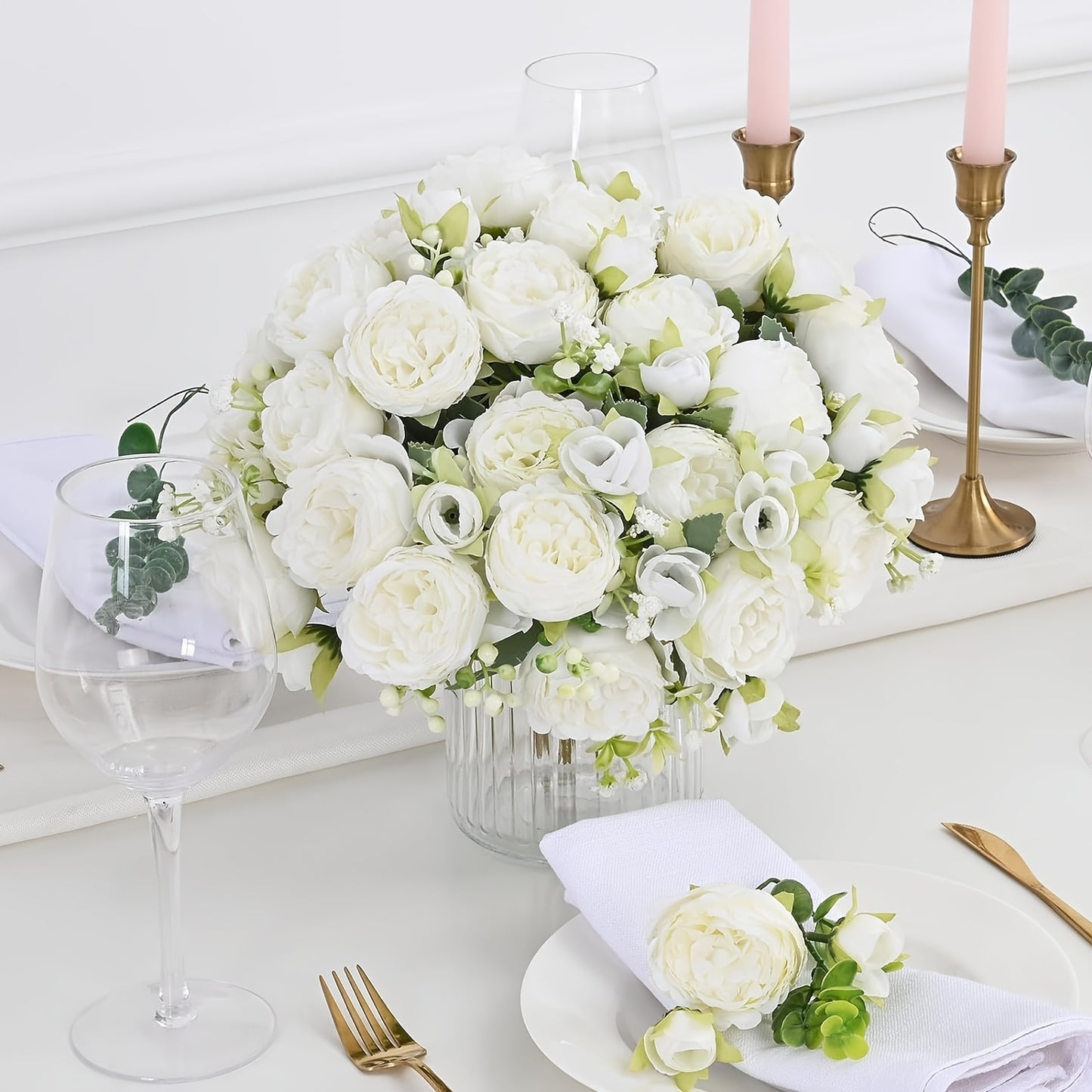 White artificial peonies bouquet for all-season home decoration, perfect for various occasions - no container included.