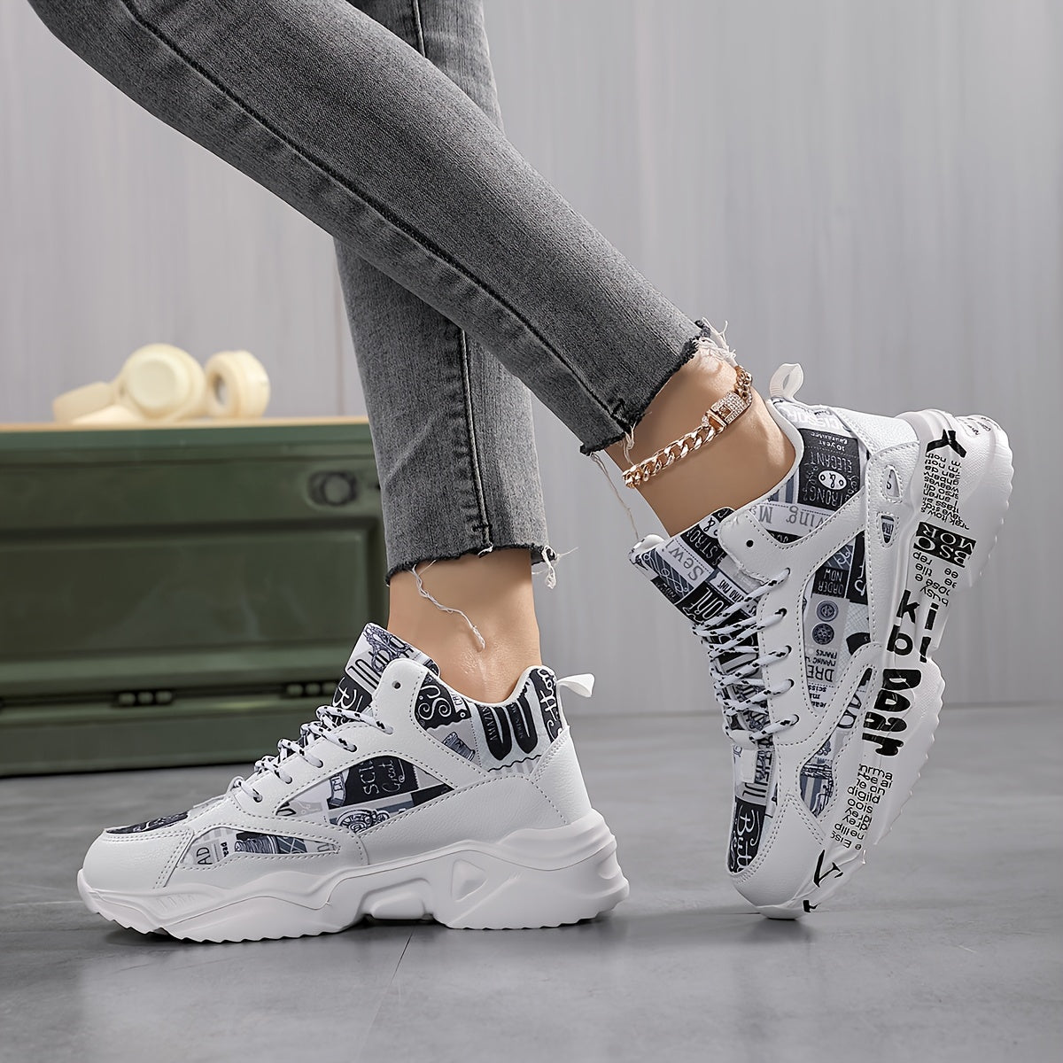 Breathable chunky sneakers with bold letter print & denim-like fabric, comfortable, lightweight all-season running shoes for men and women, urban streetwear shoes, midtop sneakers with