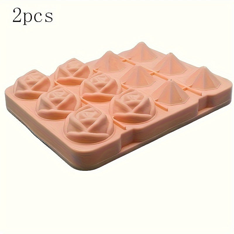 Ice Cube Mold Set - Includes 2 Silicone Trays with Rose and Diamond Shapes. Perfect for making ice cubes, chocolates, puddings, jellies, candies, and whiskey cubes. Great for freezer cocktails and a must-have for any kitchen or apartment. Essential for