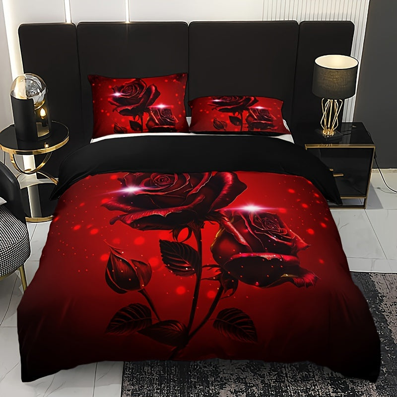 Red Rose Print Duvet Cover Set - Includes 1 Duvet Cover & 2 Pillowcases, Made from Breathable Polyester, Easy to Clean in the Washing Machine - Ideal for Use All Year Round