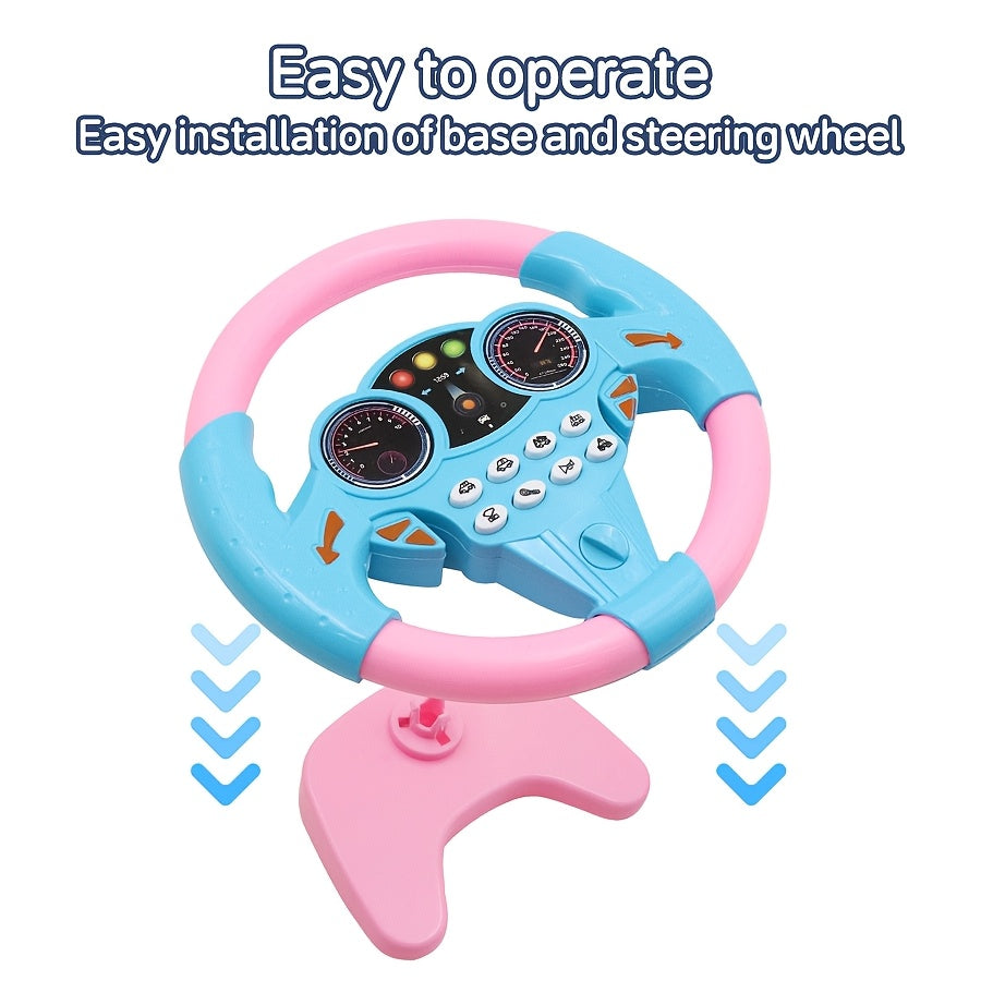 Children's driving simulator steering wheel toy with suction cups, educational interactive car wheel made of plastic. Multi-functional with sound effects in pink and yellow, perfect gift