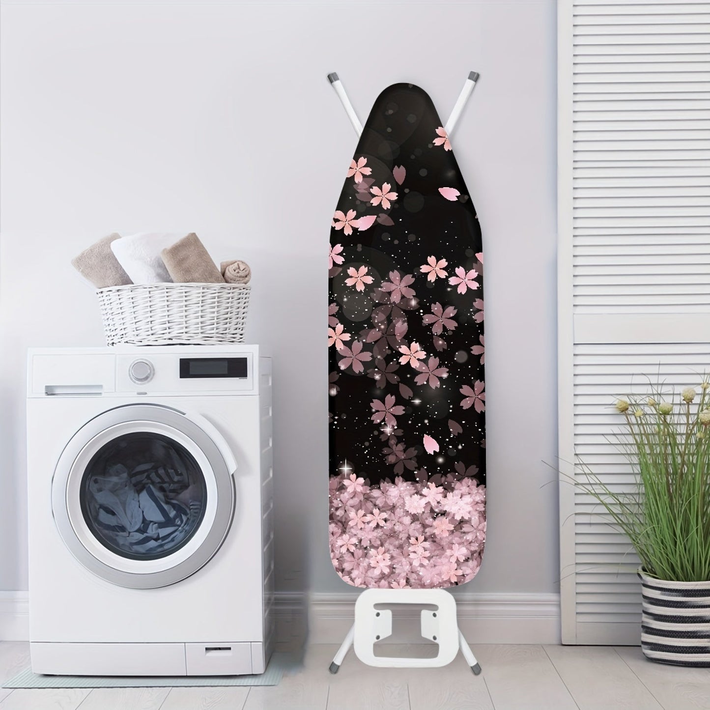 Elastic Edge Cherry Blossom Ironing Board Dust Cover with Hook-and-Loop Fasteners - Fits Standard Boards, Made of Polyester in Black/White and Pink/White Designs for Home Decor