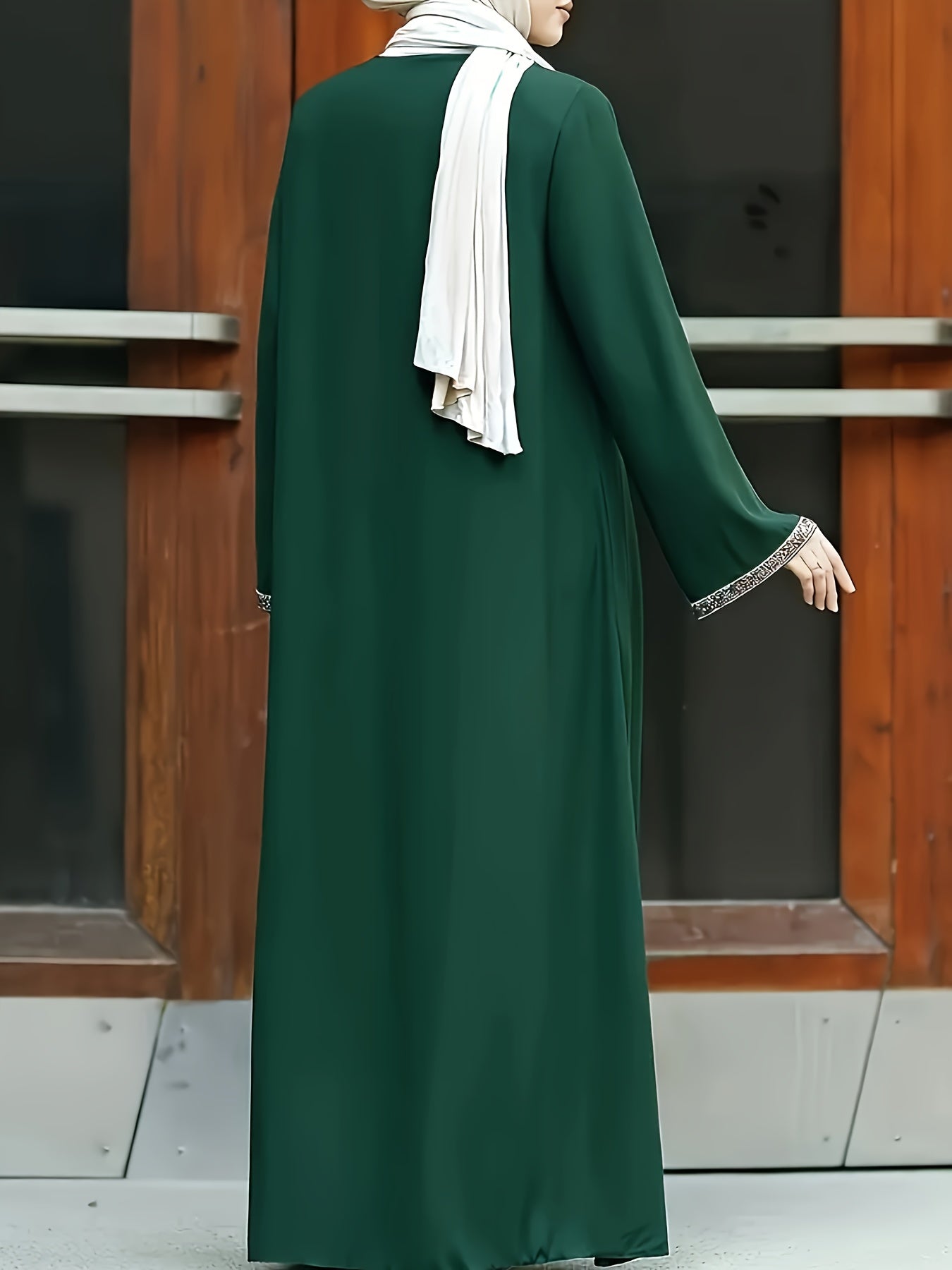 Women's sequined trim long sleeve maxi dress with crew neck, loose fit, and max length - perfect for Muslim attire.