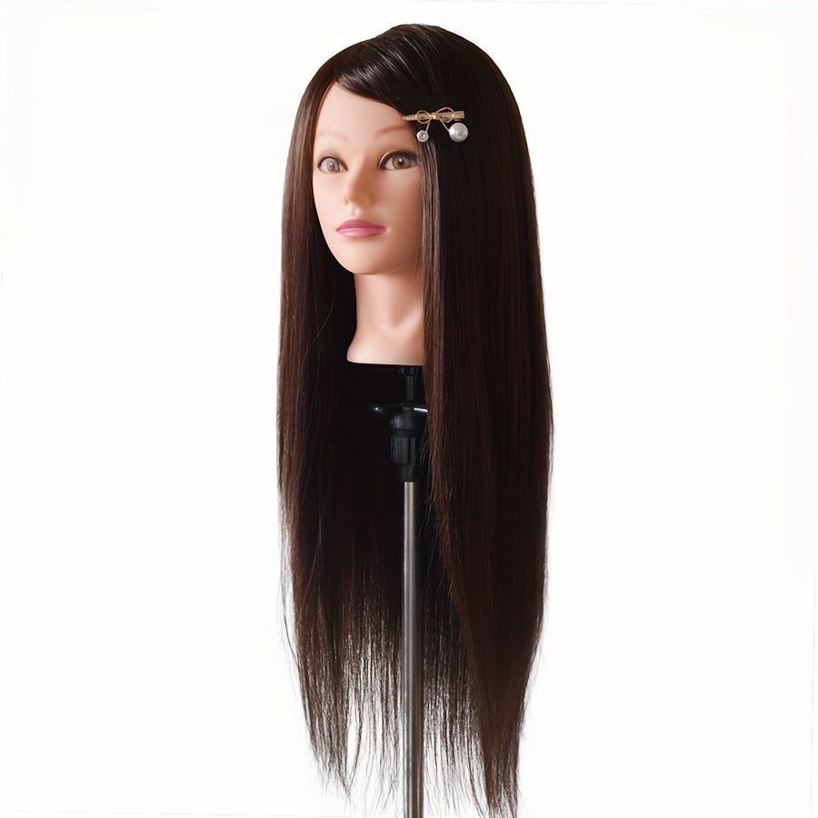 Mannequin head with 85% real human hair for professional hair styling, includes stand for braiding, curling, and perm practice.