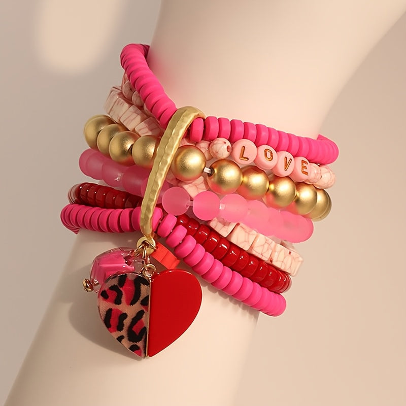 An elegant Bohemian pink Valentine's Day bracelet adorned with layers of beads, ideal for women's fashion wear on any occasion, be it everyday or festive.