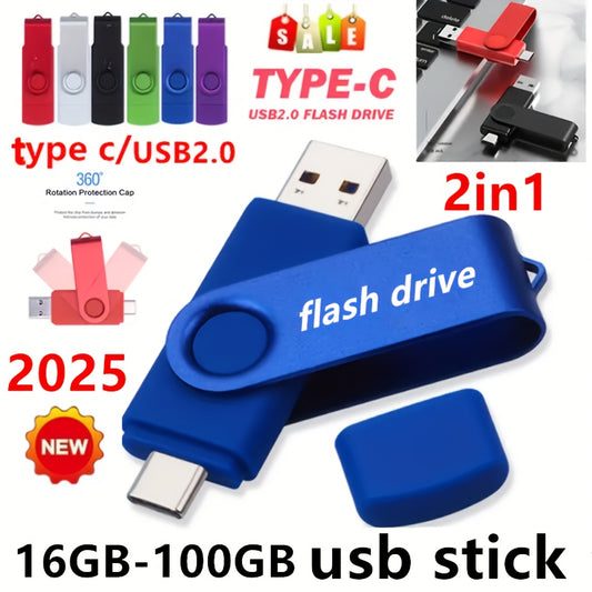 High-speed USB Type-C drive available in multiple capacities: 16GB, 60GB, and 100GB, with OTG compatibility.