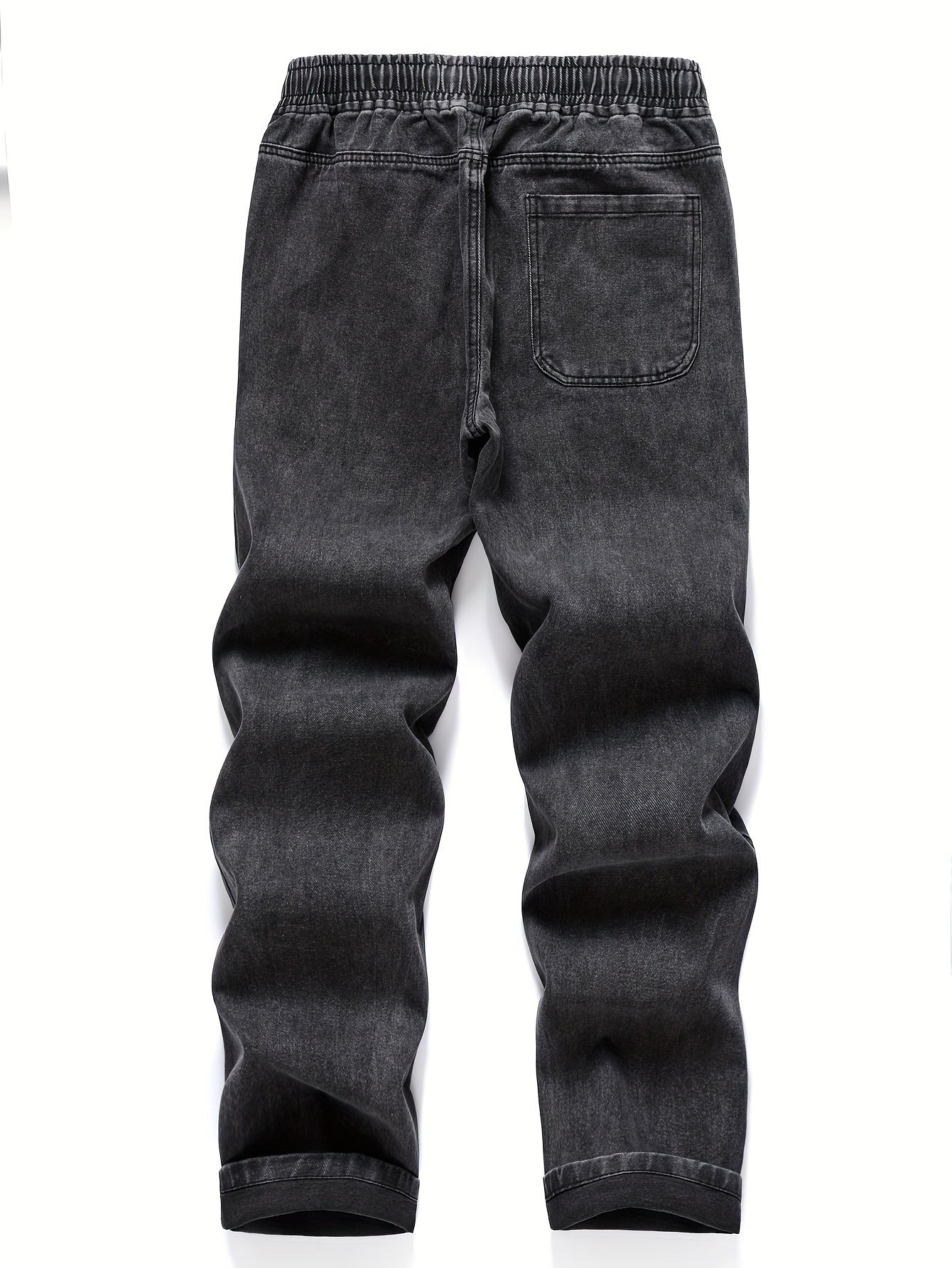 Mens' washed denim trousers with pockets and drawstring waist for outdoor activities