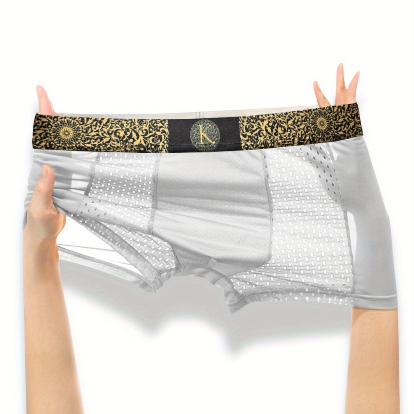 Men's luxury baroque style boxer shorts in black, dark gray, light gray, and sky blue.