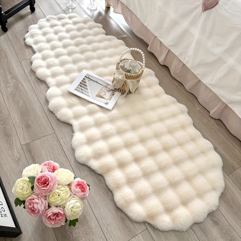 Machine Washable Wave Pattern Faux Rabbit Fur Area Rug - Soft Polyester Non-Slip Water-Resistant Carpet for Living Room, Bedroom, Office, and Porch Decor - Lightweight Irregular Shaped Mat with Moisture Barrier