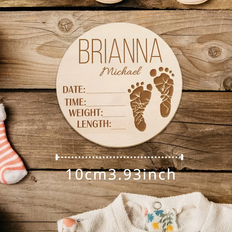 Personalized Wooden Baby Birth Announcement Sign with Custom Name and Footprint Design - Round Keepsake with Birth Details for Photo Props and Name Reveal - Suitable for Infants and Toddlers