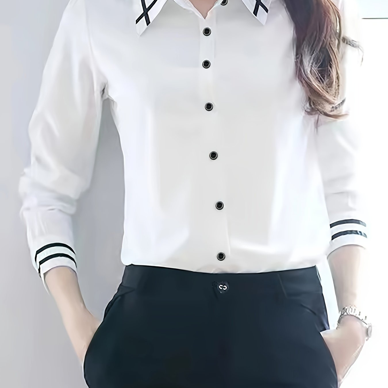 Classic beige dress shirt for women made of polyester with black and white striped trim. Long sleeves, button-up, and machine washable. Perfect for office or casual spring/summer wear.