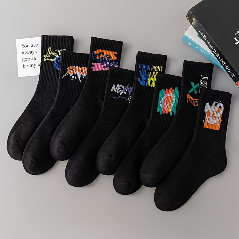 Five pairs of black and white graffiti mid-calf sports socks for men and women.