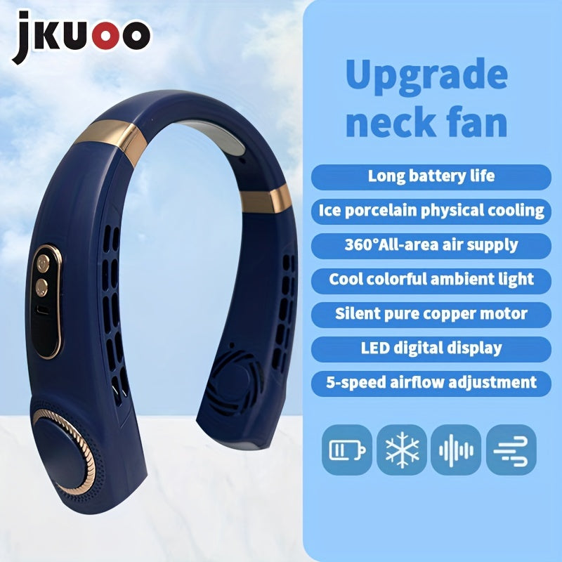 Stay cool and comfortable on-the-go with the 1pc JKUOO Portable Neck Fan. This innovative device features a 5-speed adjustable display, USB rechargeable lithium battery, and quiet operation. Perfect for use during sports, travel, and summer activities