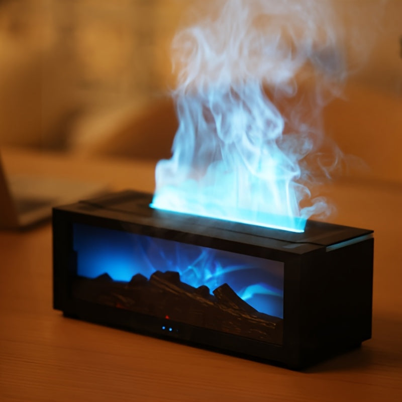 Silent, flame-inspired humidifier with remote control, USB powered, generates large mist output - ideal for small spaces.