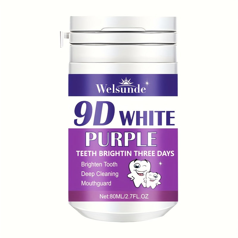 Welsunde 9D White Purple Tooth Powder: Deep cleans, brightens teeth, and freshens breath. Ideal for daily use and travel. 80g.